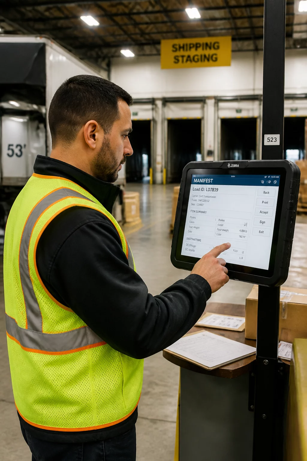 Logistics dispatcher verifying end-of-day manifest records at a warehouse terminal