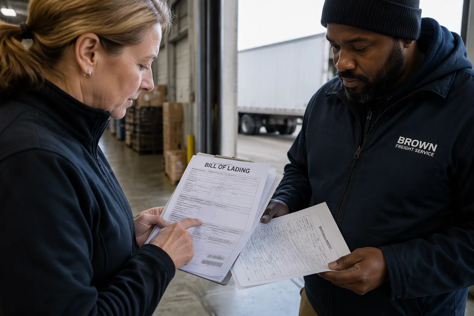Shipping operations lead checking driver sign-off documents