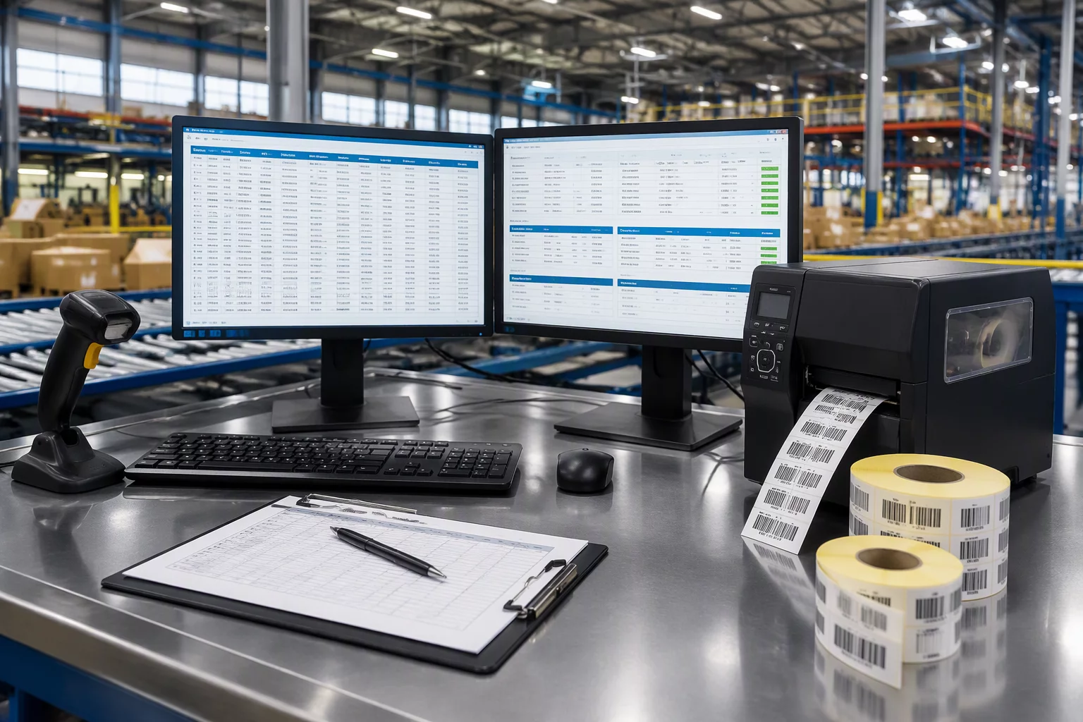 Warehouse shipping workstation with dual monitors, label printer, and manifest ledger